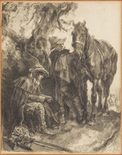 Twee rustende soldaten en een paard bij een boom